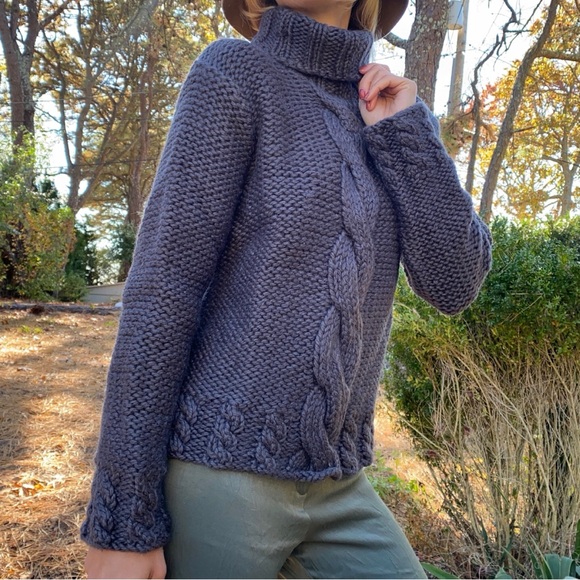 ❄️ WILLI SMITH GREY MIDNIGHT BLUE CHUNKY WOOL HAND KNIT TURTLENECK SWEATER! - Picture 2 of 9